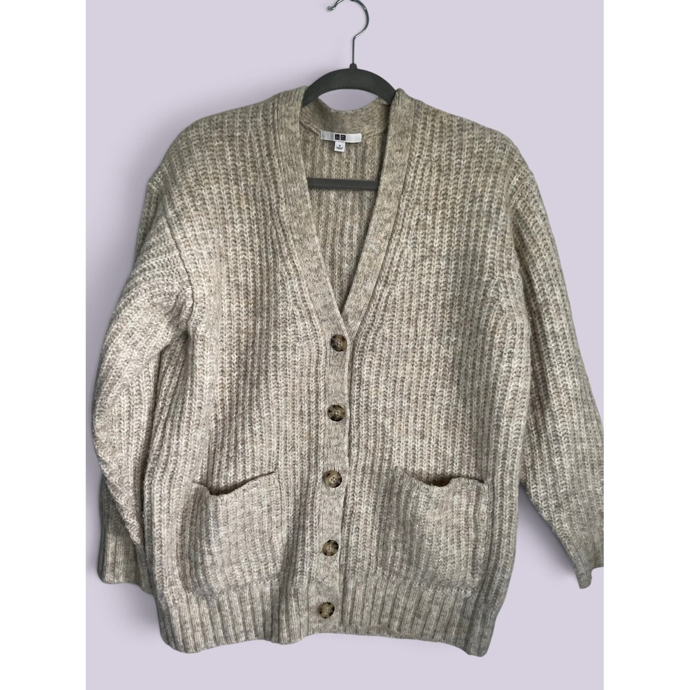 UNIQLO Chunky Rib Knit Cardigan Oatmeal Wool Blend Academia Oversized Small